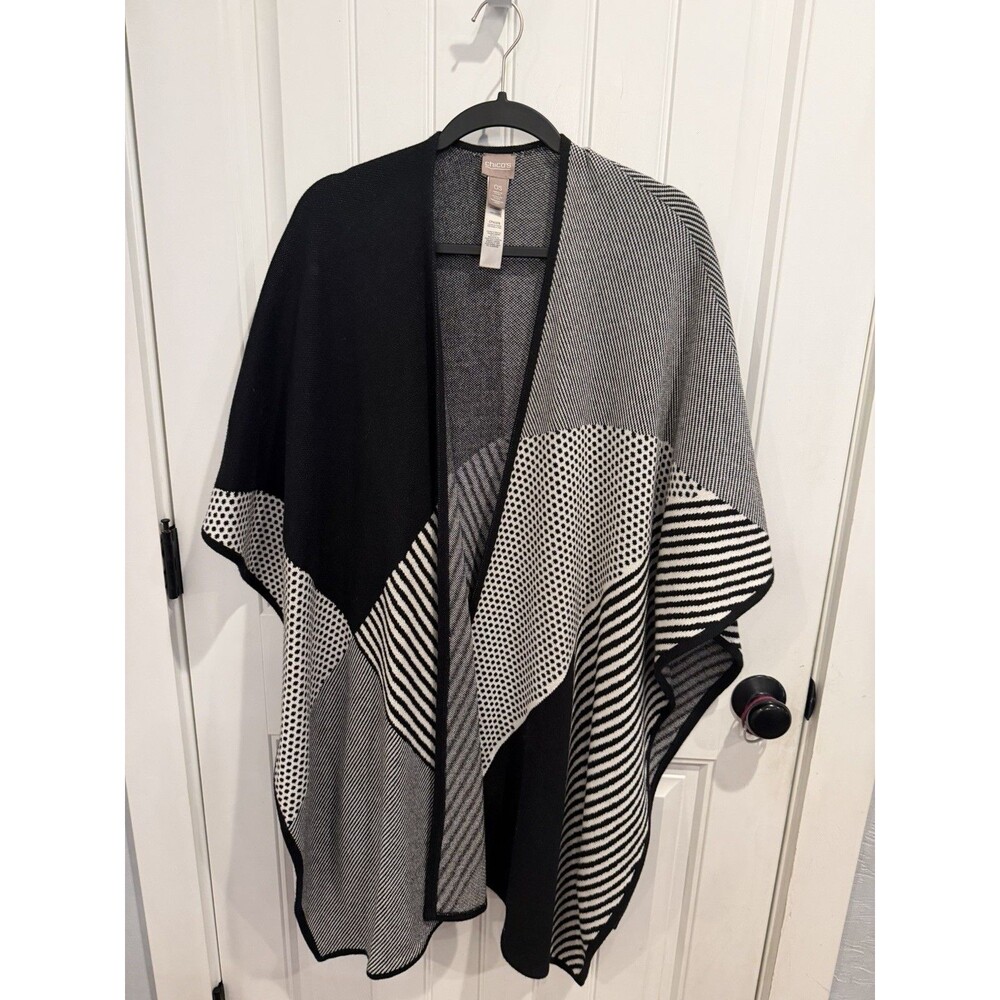 Chico’s Poncho Womens One Size Black White Cotton Geometric Stripe Open Front